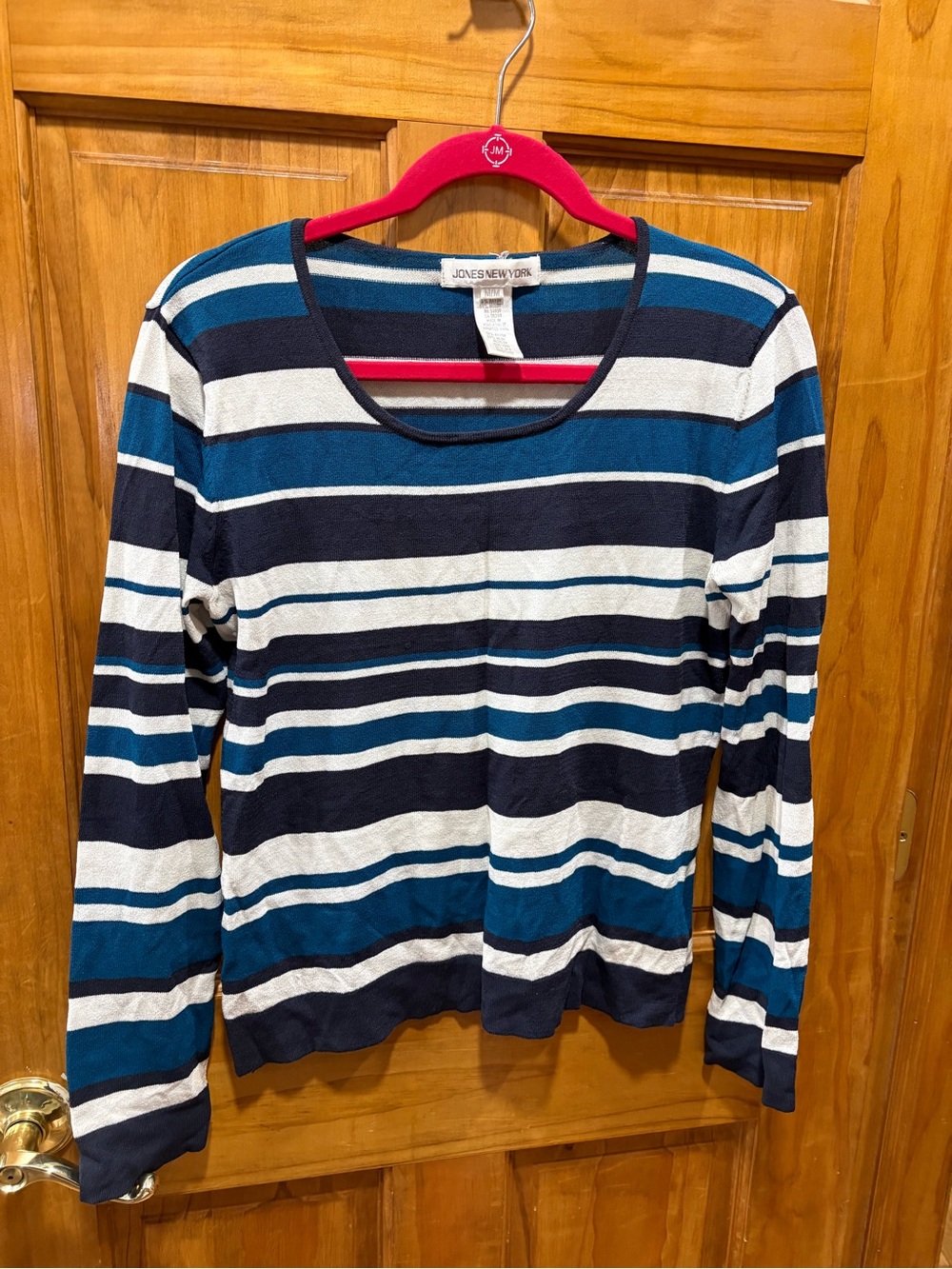 Jones New York Navy, Teal & White Striped Long-Sleeve Tee